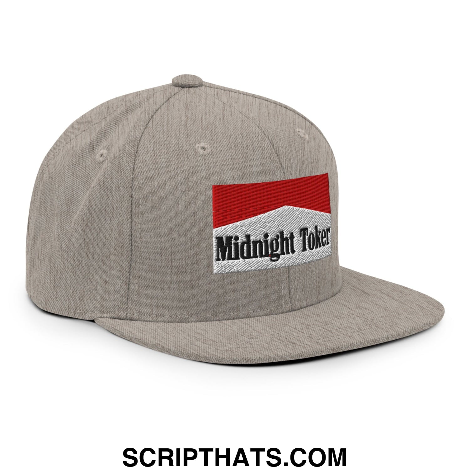 Midnight Toker Cigarette Red Embroidered Flat Bill Brim Snapback Hat Heather Grey