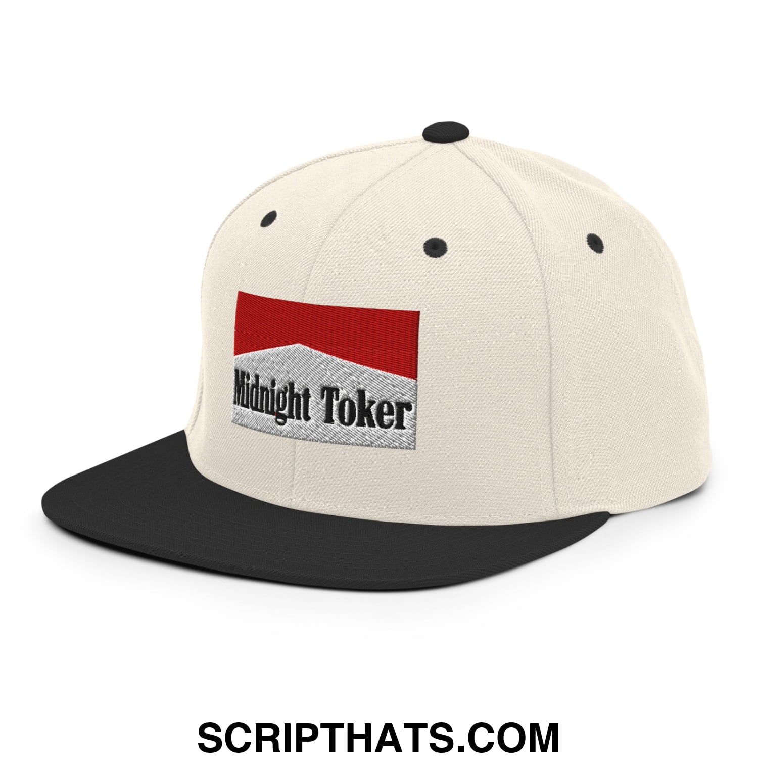 Midnight Toker Cigarette Red Embroidered Flat Bill Brim Snapback Hat Natural Black
