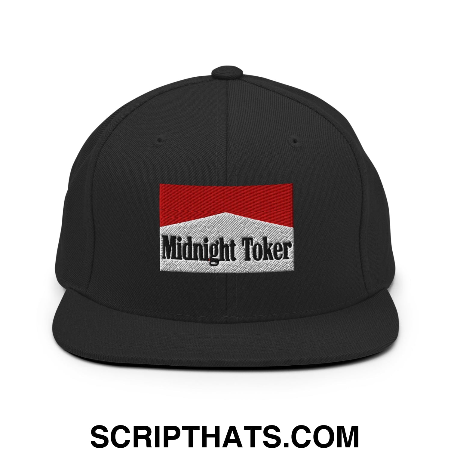 Midnight Toker Cigarette Red Embroidered Flat Bill Brim Snapback Hat Black