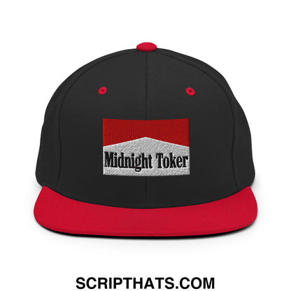 Midnight Toker Cigarette Red Embroidered Flat Bill Brim Snapback Hat Black Red