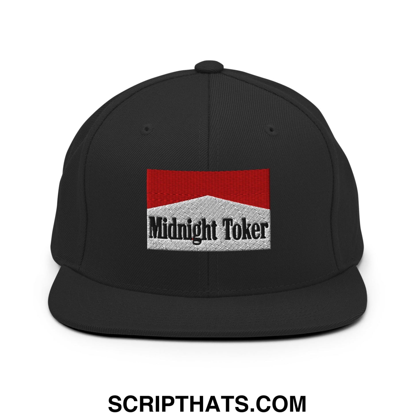 Midnight Toker Cigarette Red Embroidered Flat Bill Brim Snapback Hat Black