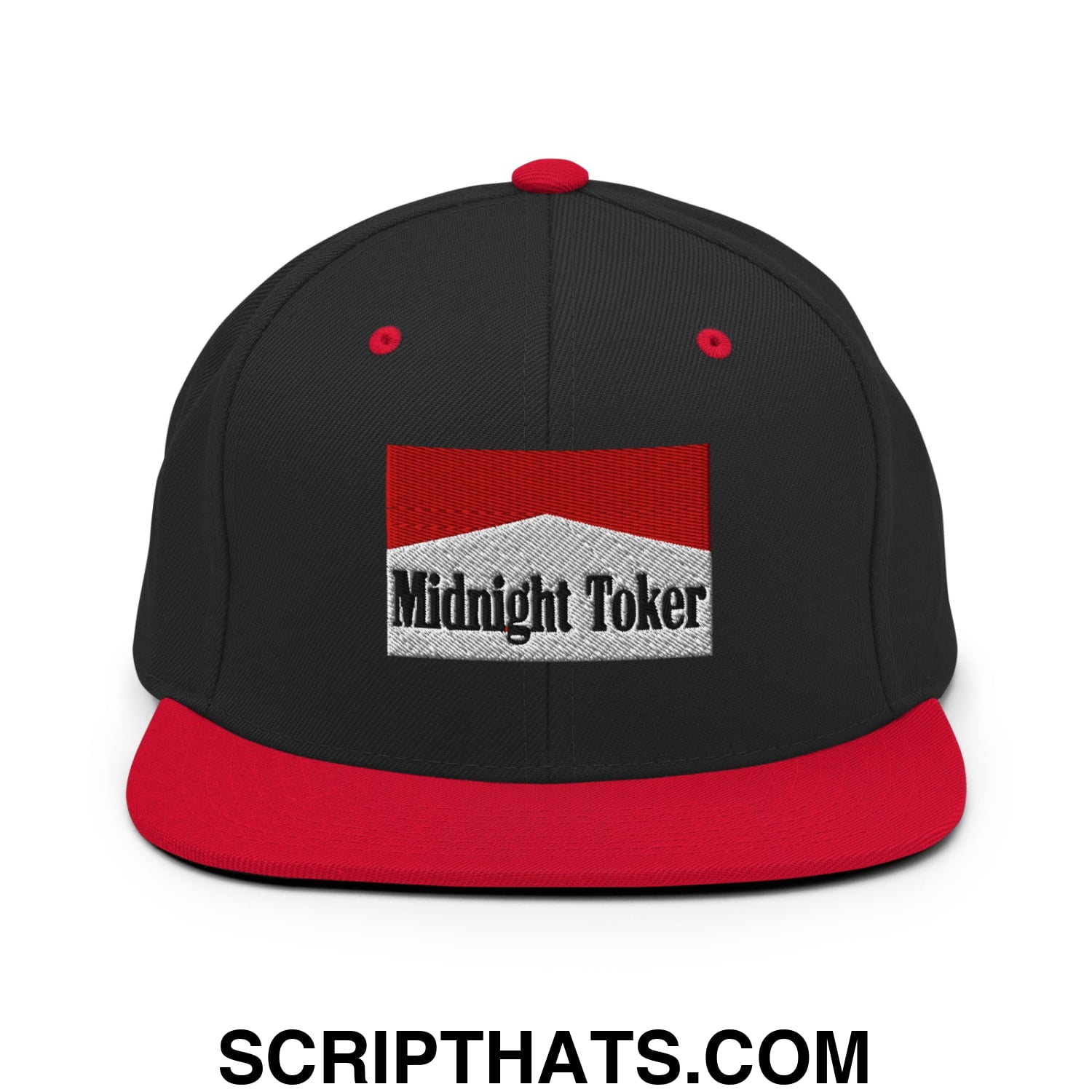 Midnight Toker Cigarette Red Embroidered Flat Bill Brim Snapback Hat Black Red