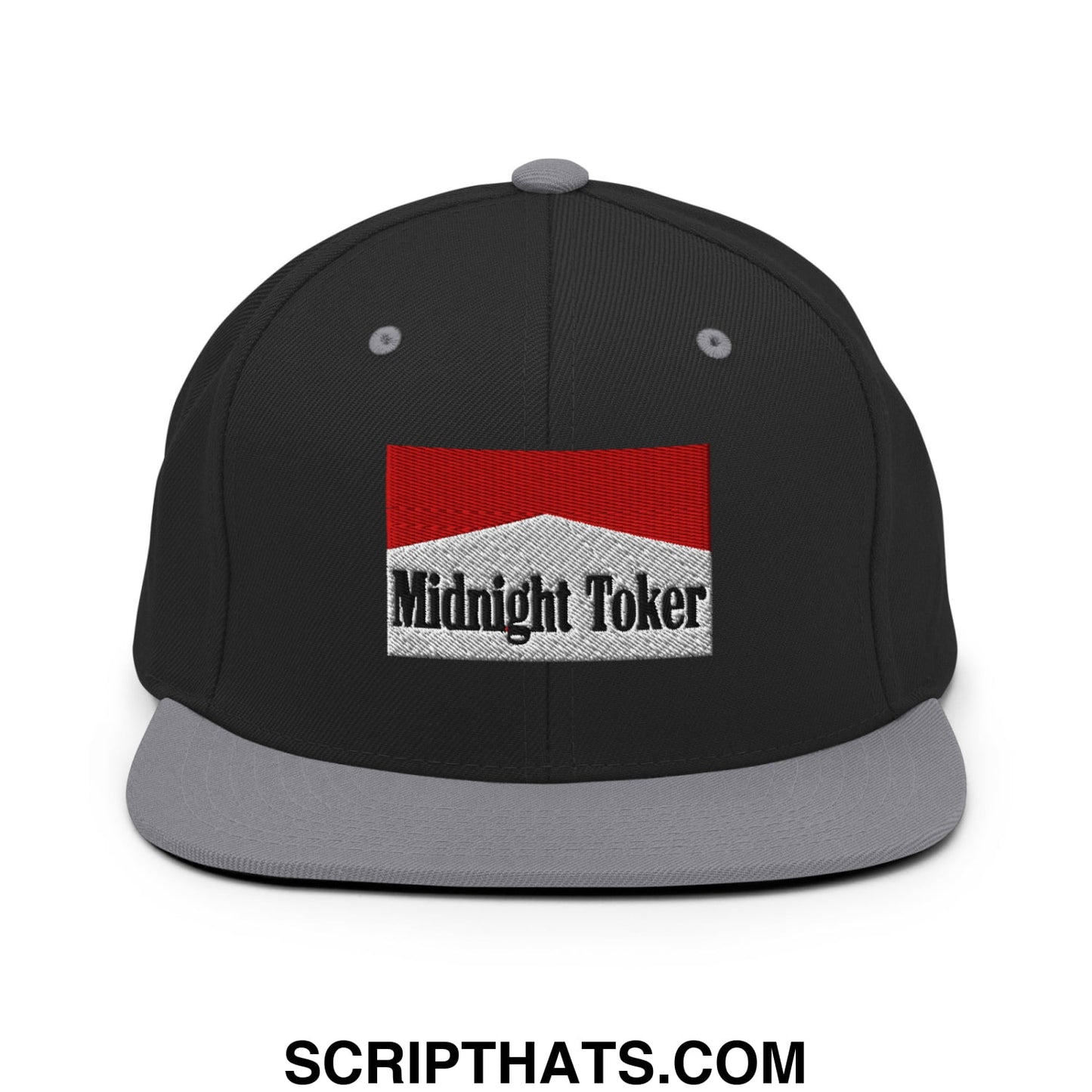 Midnight Toker Cigarette Red Embroidered Flat Bill Brim Snapback Hat Black Silver