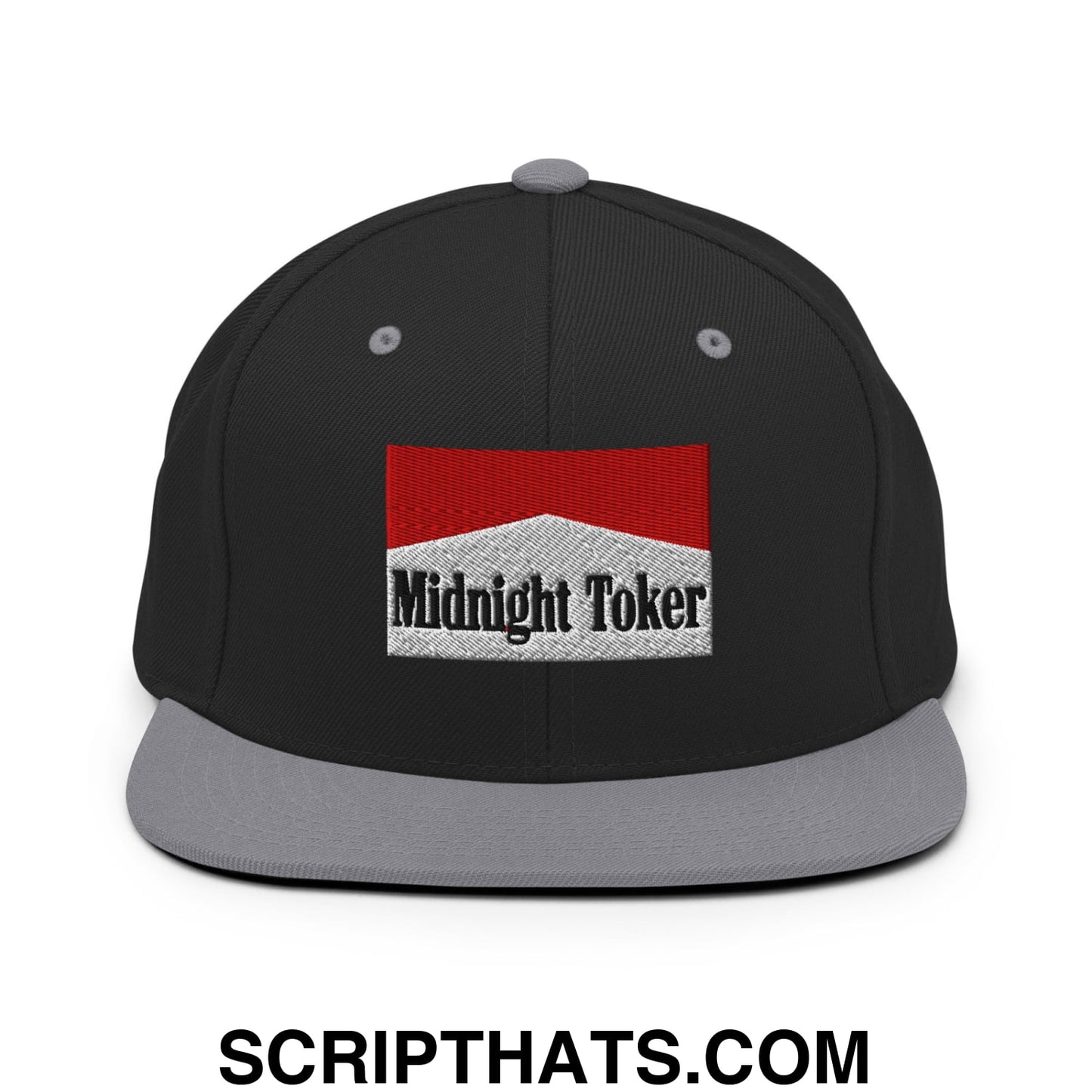 Midnight Toker Cigarette Red Embroidered Flat Bill Brim Snapback Hat Black Silver