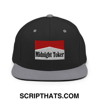 Midnight Toker Cigarette Red Embroidered Flat Bill Brim Snapback Hat Black Silver