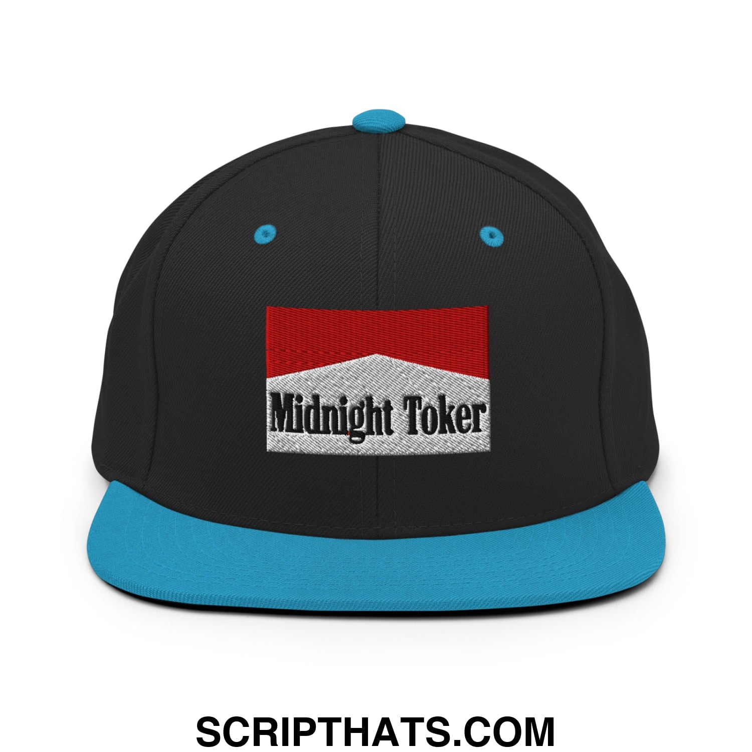 Midnight Toker Cigarette Red Embroidered Flat Bill Brim Snapback Hat Black Teal