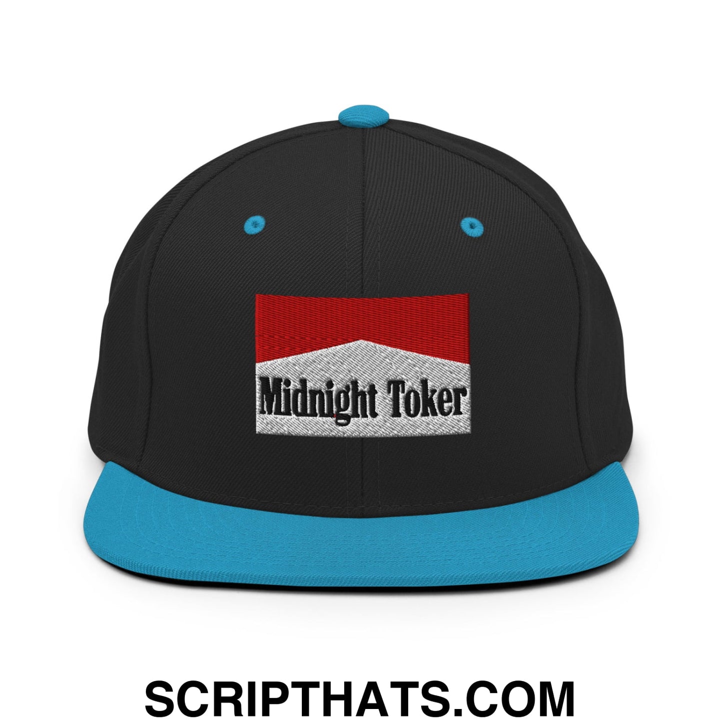 Midnight Toker Cigarette Red Embroidered Flat Bill Brim Snapback Hat Black Teal