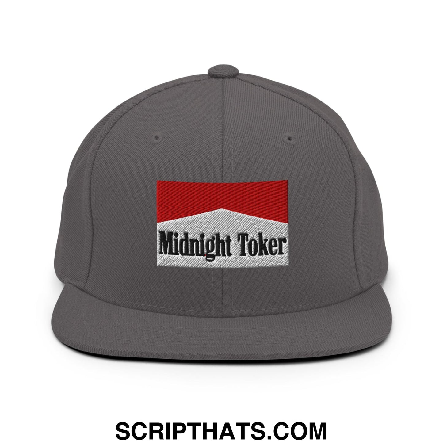 Midnight Toker Cigarette Red Embroidered Flat Bill Brim Snapback Hat Dark Grey