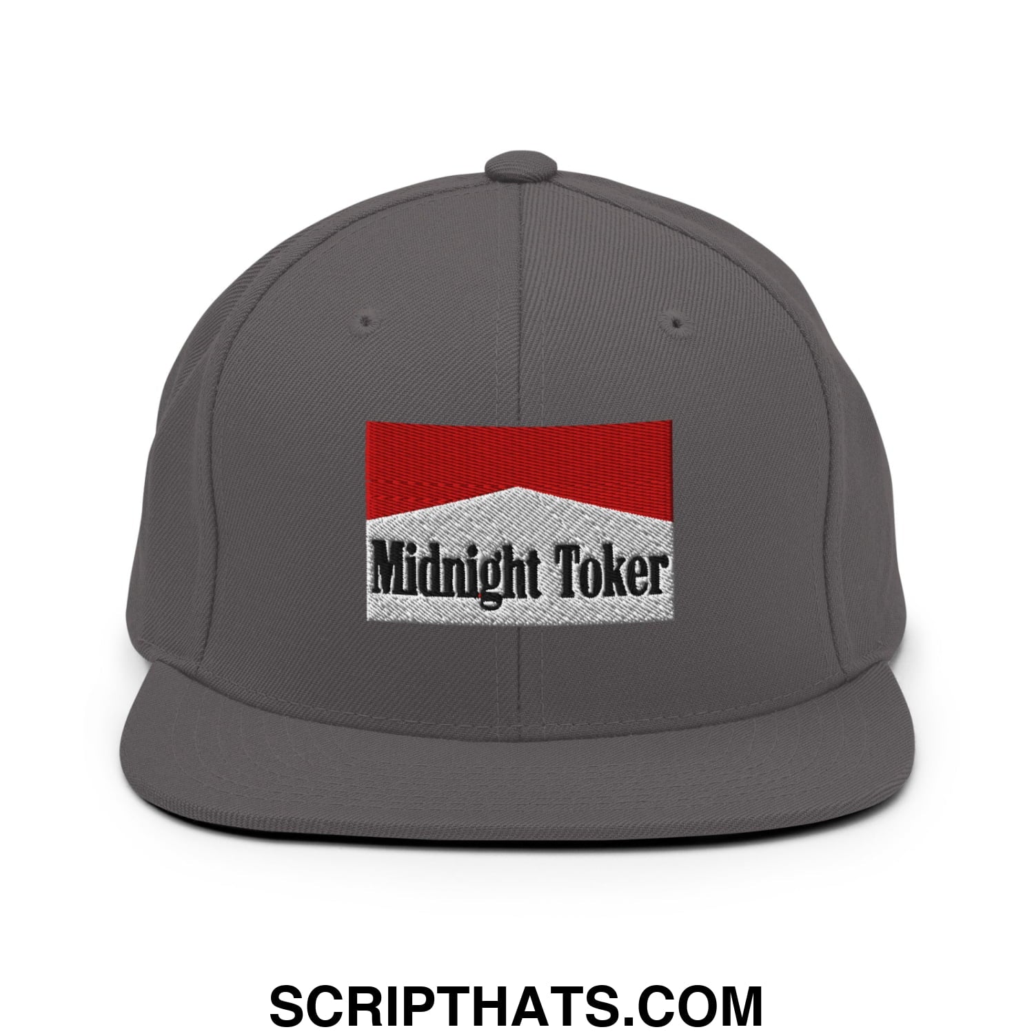 Midnight Toker Cigarette Red Embroidered Flat Bill Brim Snapback Hat Dark Grey