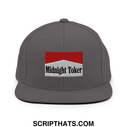 Midnight Toker Cigarette Red Embroidered Flat Bill Brim Snapback Hat Dark Grey