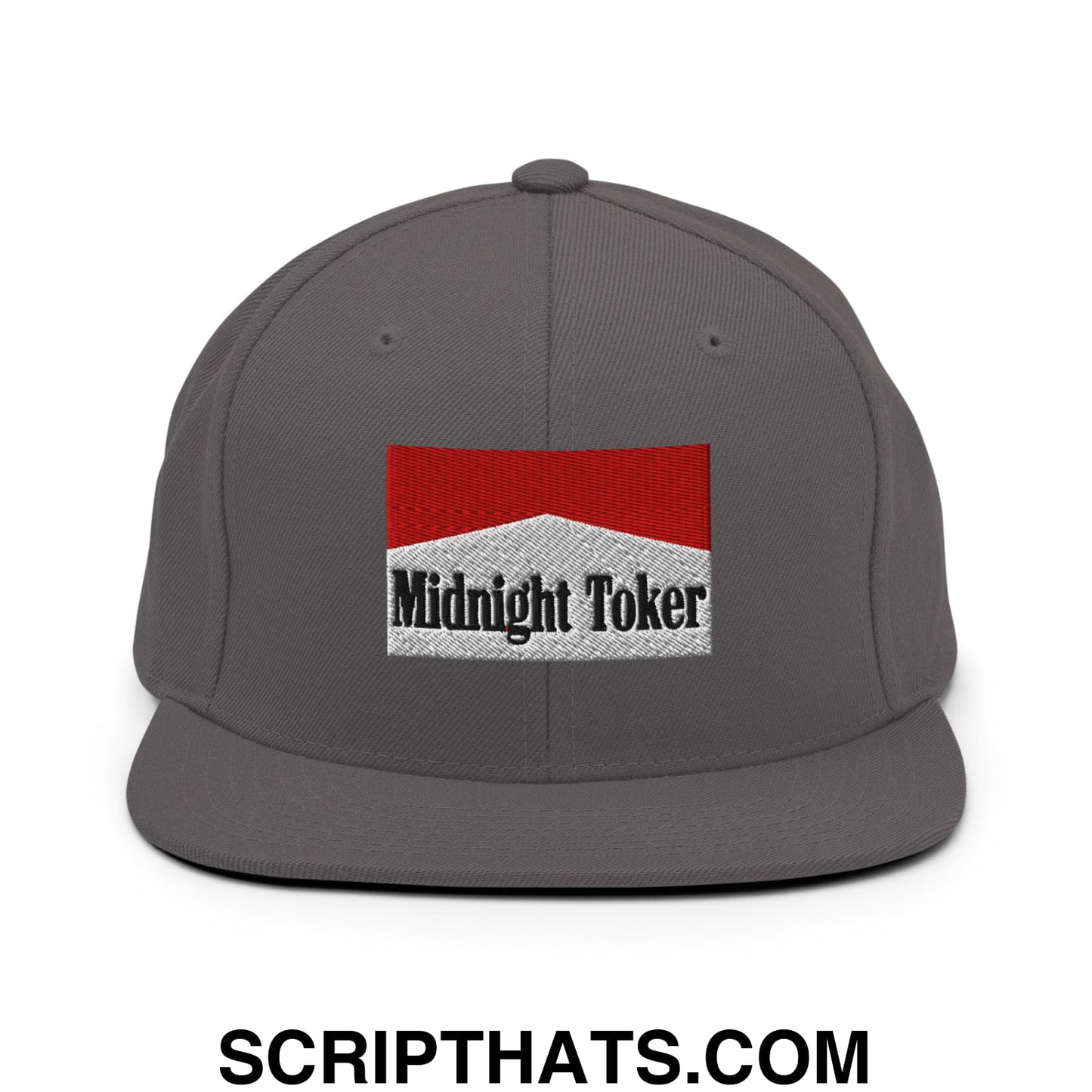 Midnight Toker Cigarette Red Embroidered Flat Bill Brim Snapback Hat Dark Grey