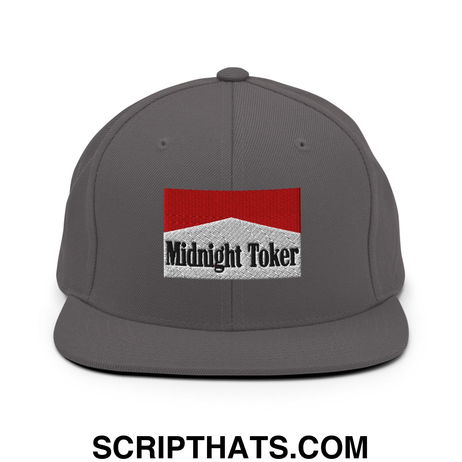 Midnight Toker Cigarette Red Embroidered Flat Bill Brim Snapback Hat Dark Grey