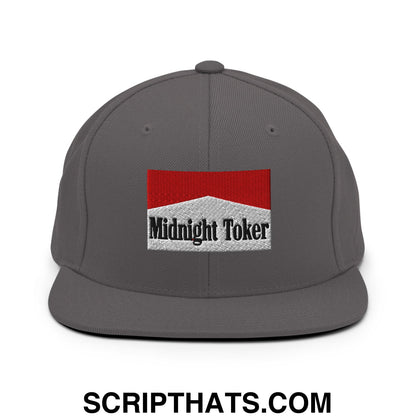 Midnight Toker Cigarette Red Embroidered Flat Bill Brim Snapback Hat Dark Grey