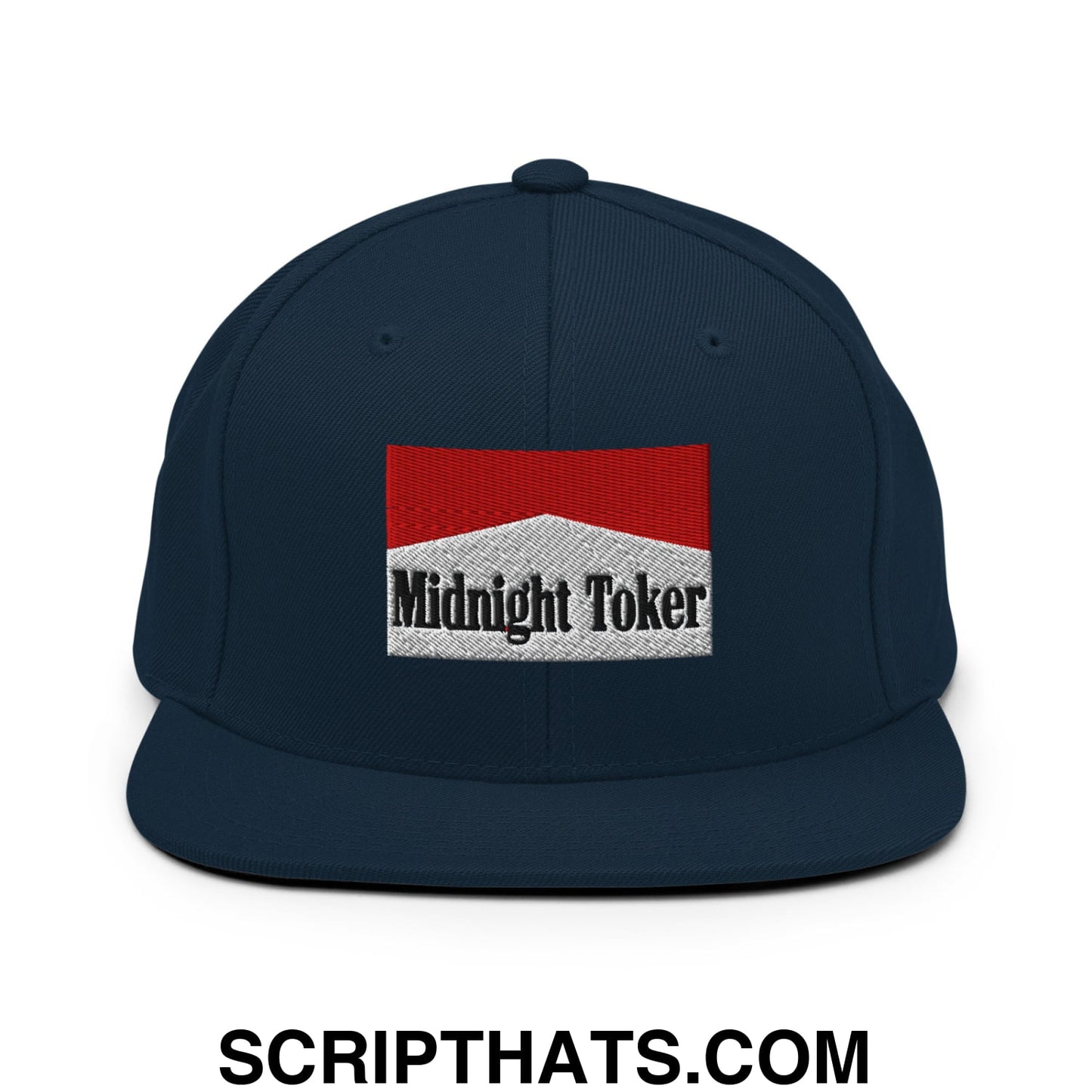 Midnight Toker Cigarette Red Embroidered Flat Bill Brim Snapback Hat Dark Navy