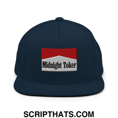 Midnight Toker Cigarette Red Embroidered Flat Bill Brim Snapback Hat Dark Navy