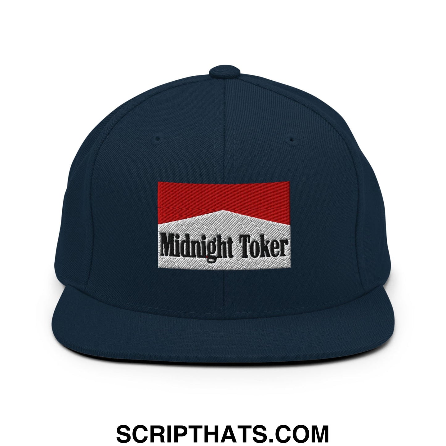 Midnight Toker Cigarette Red Embroidered Flat Bill Brim Snapback Hat Dark Navy