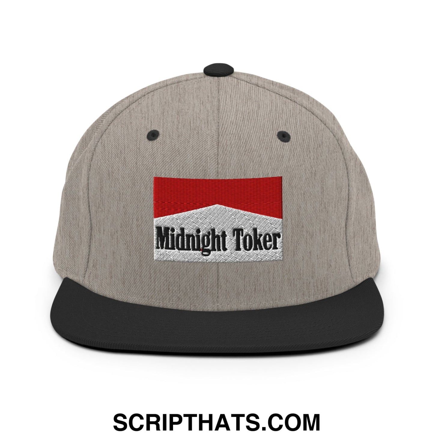 Midnight Toker Cigarette Red Embroidered Flat Bill Brim Snapback Hat Heather Black