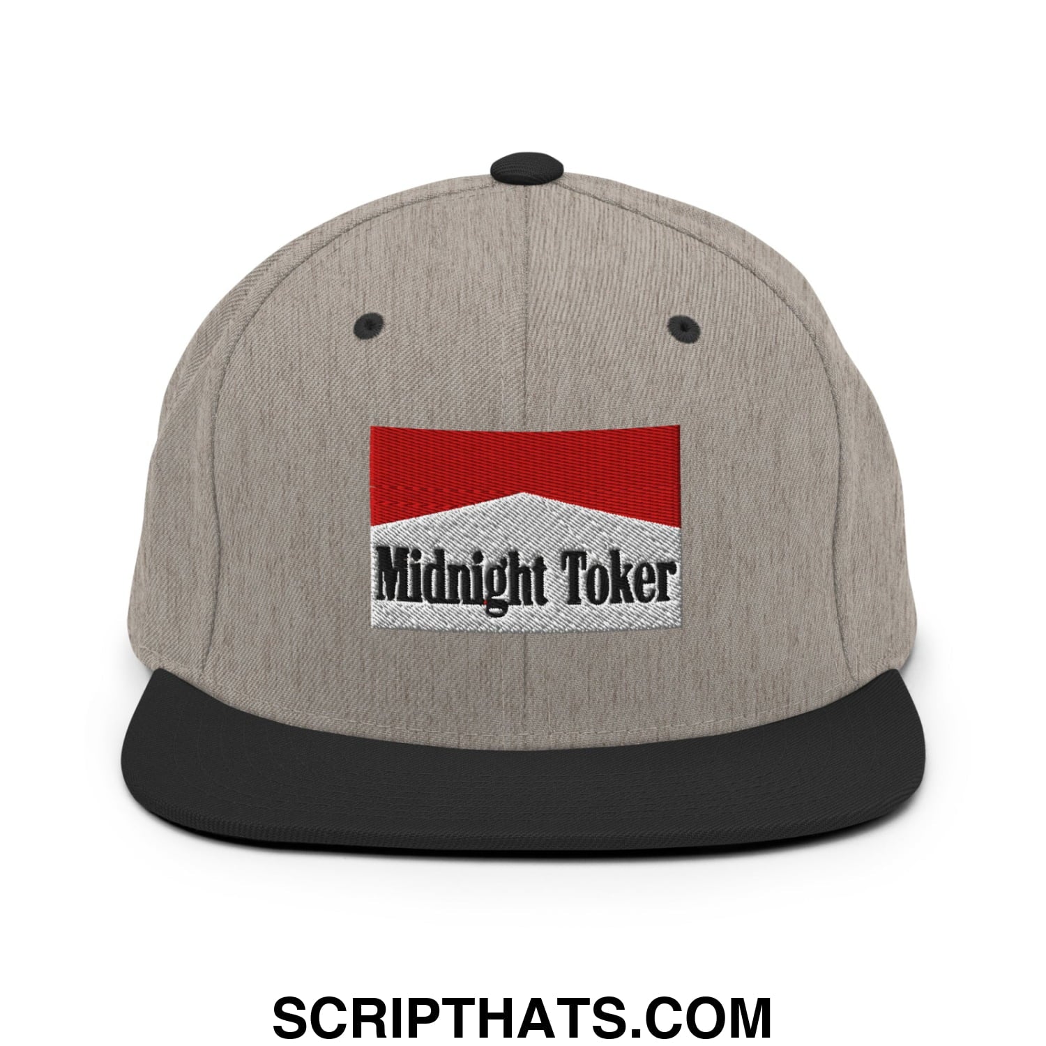 Midnight Toker Cigarette Red Embroidered Flat Bill Brim Snapback Hat Heather Black