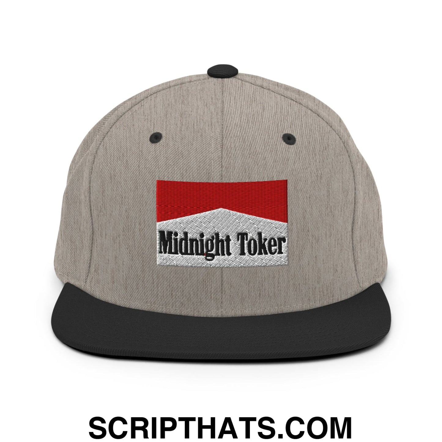 Midnight Toker Cigarette Red Embroidered Flat Bill Brim Snapback Hat Heather Black