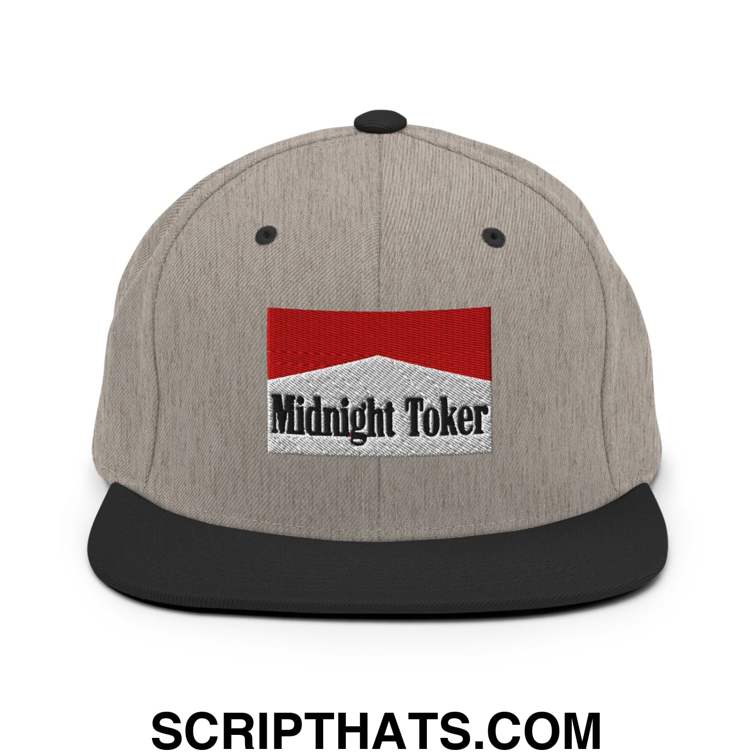 Midnight Toker Cigarette Red Embroidered Flat Bill Brim Snapback Hat Heather Black