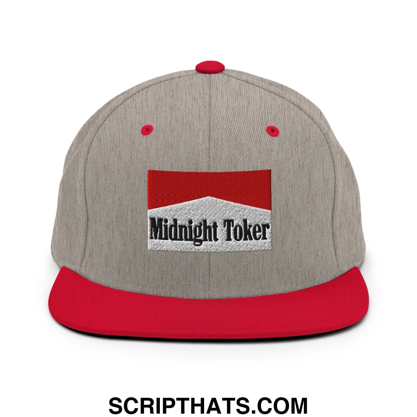 Midnight Toker Cigarette Red Embroidered Flat Bill Brim Snapback Hat Heather Grey Red