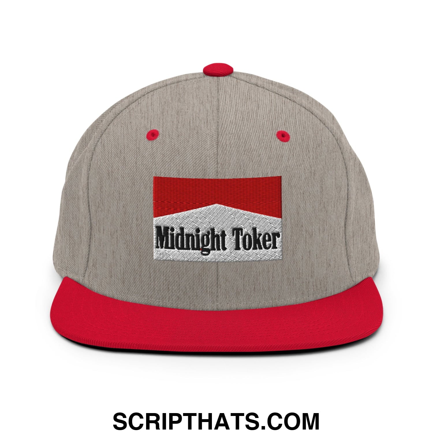 Midnight Toker Cigarette Red Embroidered Flat Bill Brim Snapback Hat Heather Grey Red