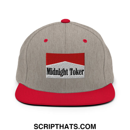 Midnight Toker Cigarette Red Embroidered Flat Bill Brim Snapback Hat Heather Grey Red