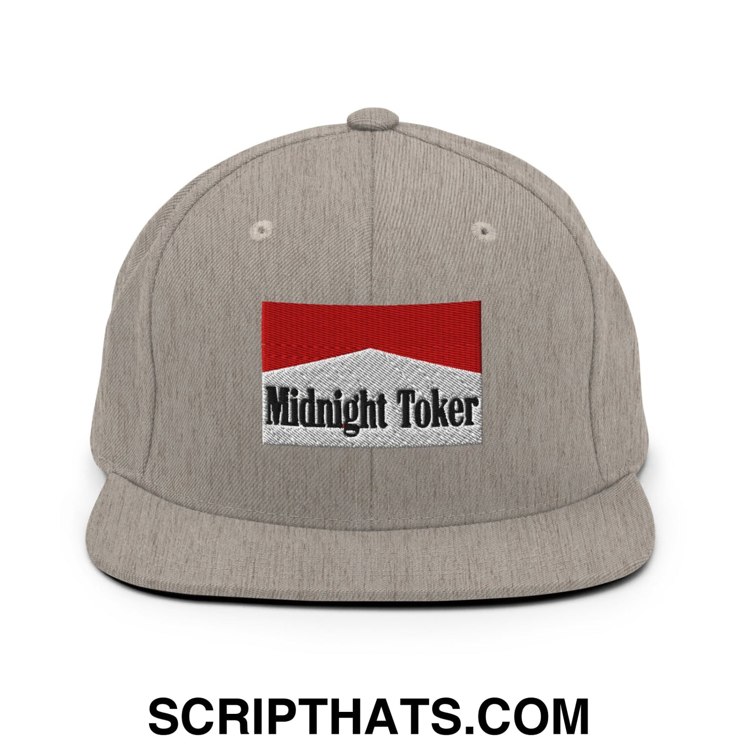 Midnight Toker Cigarette Red Embroidered Flat Bill Brim Snapback Hat Heather Grey