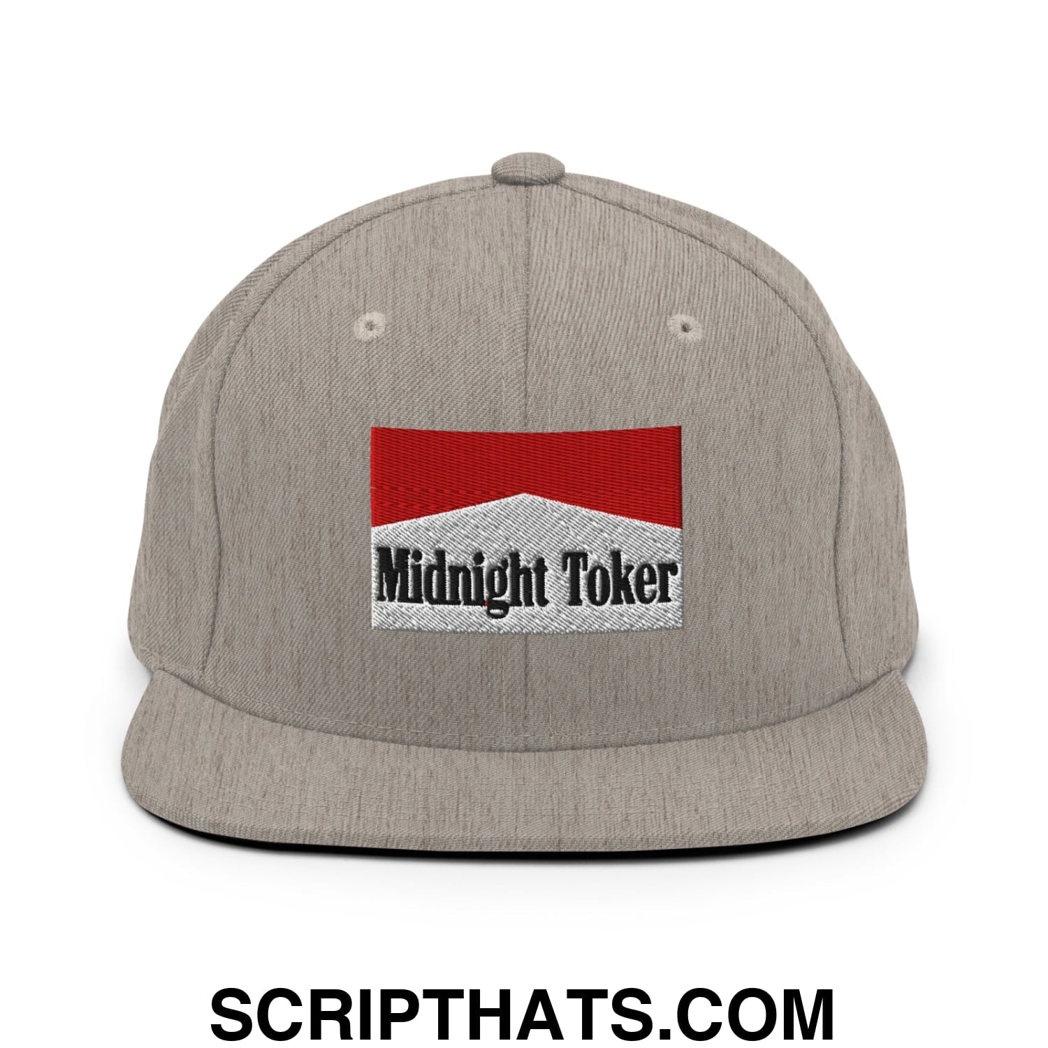Midnight Toker Cigarette Red Embroidered Flat Bill Brim Snapback Hat Heather Grey