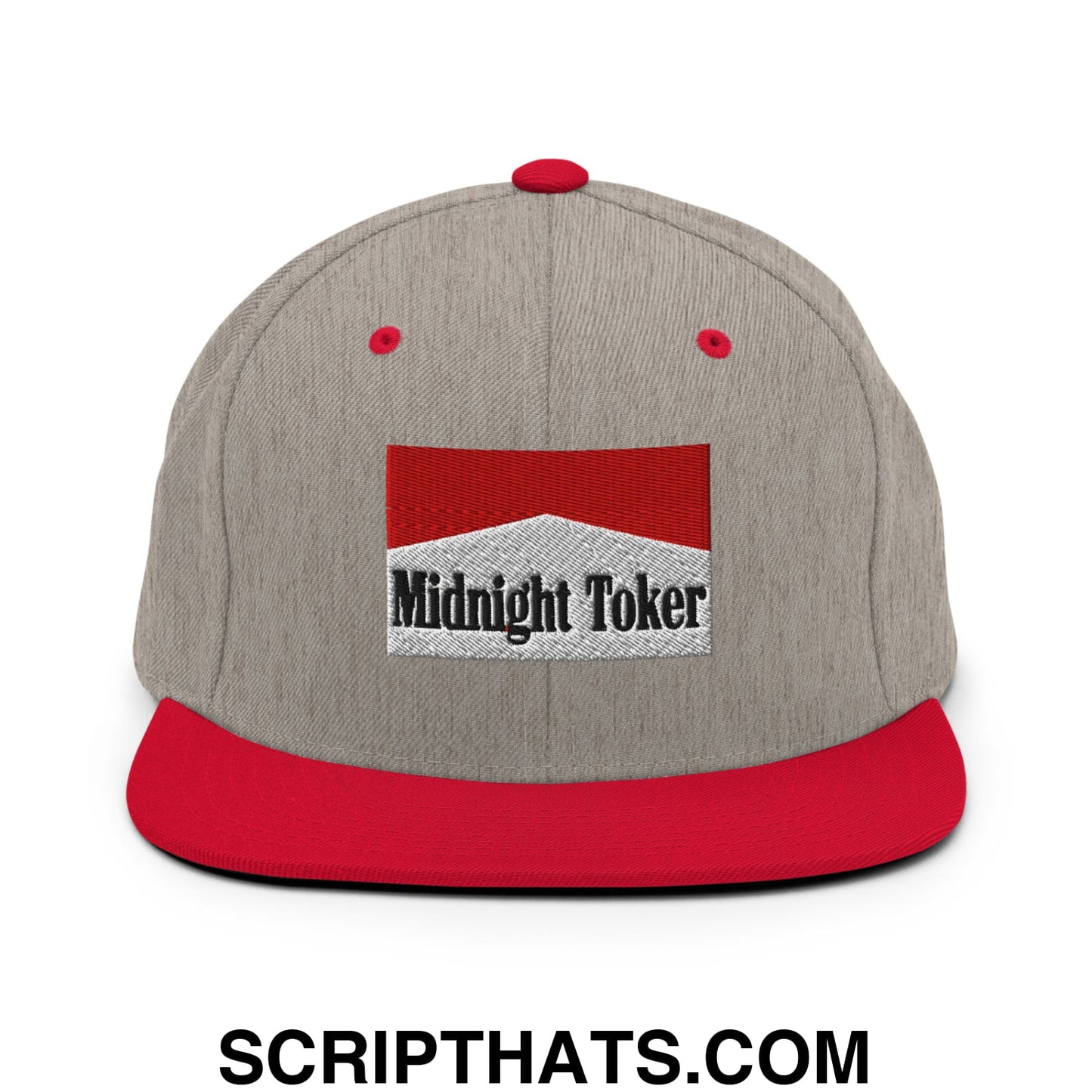 Midnight Toker Cigarette Red Embroidered Flat Bill Brim Snapback Hat Heather Grey Red