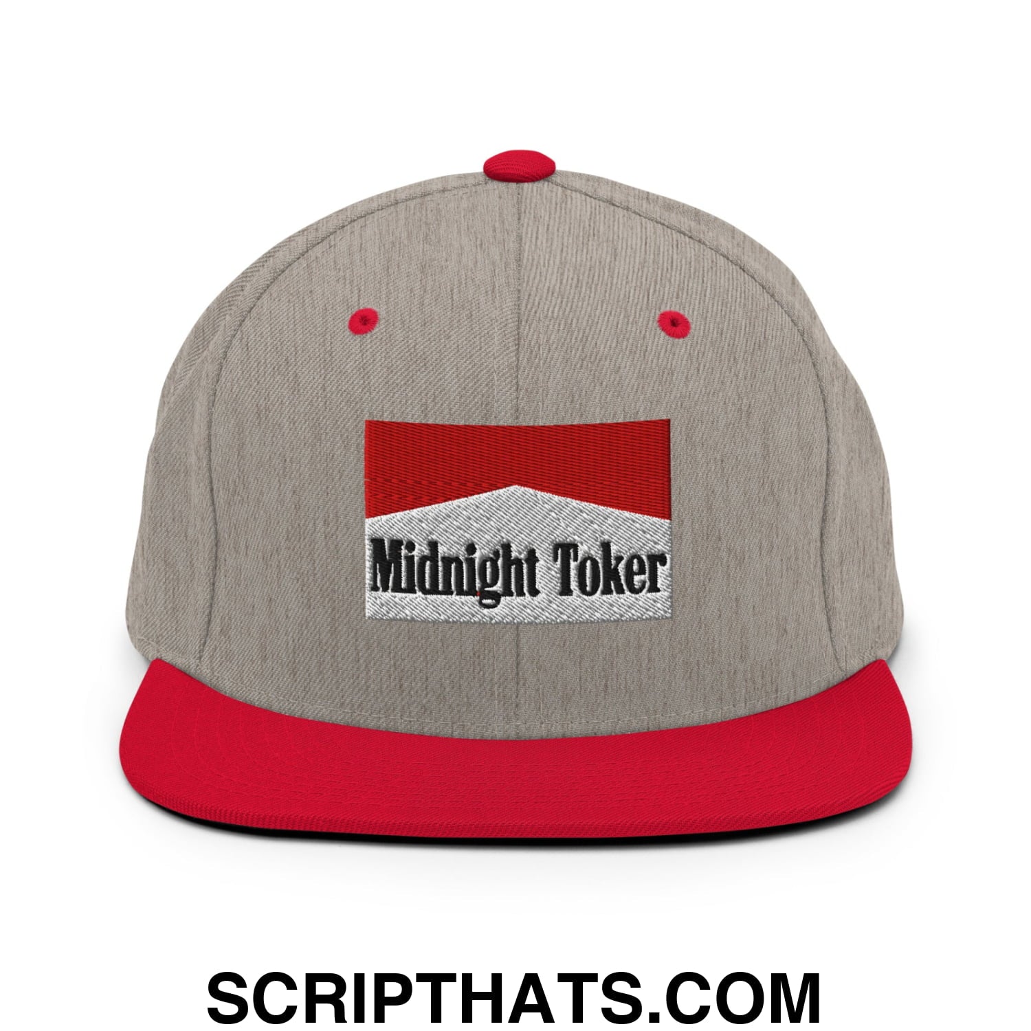 Midnight Toker Cigarette Red Embroidered Flat Bill Brim Snapback Hat Heather Grey Red