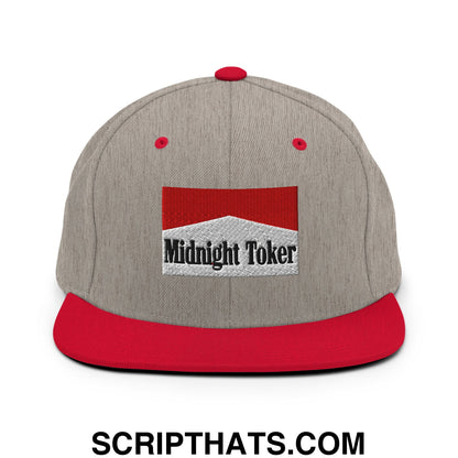Midnight Toker Cigarette Red Embroidered Flat Bill Brim Snapback Hat Heather Grey Red