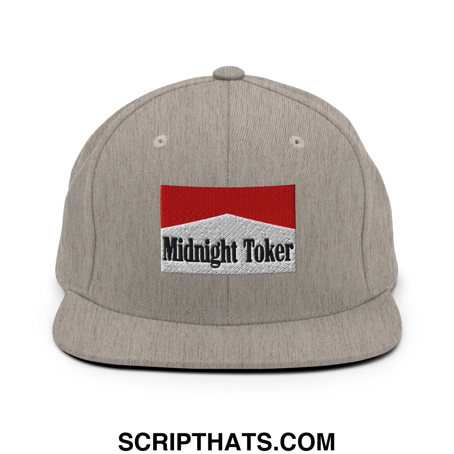 Midnight Toker Cigarette Red Embroidered Flat Bill Brim Snapback Hat Heather Grey