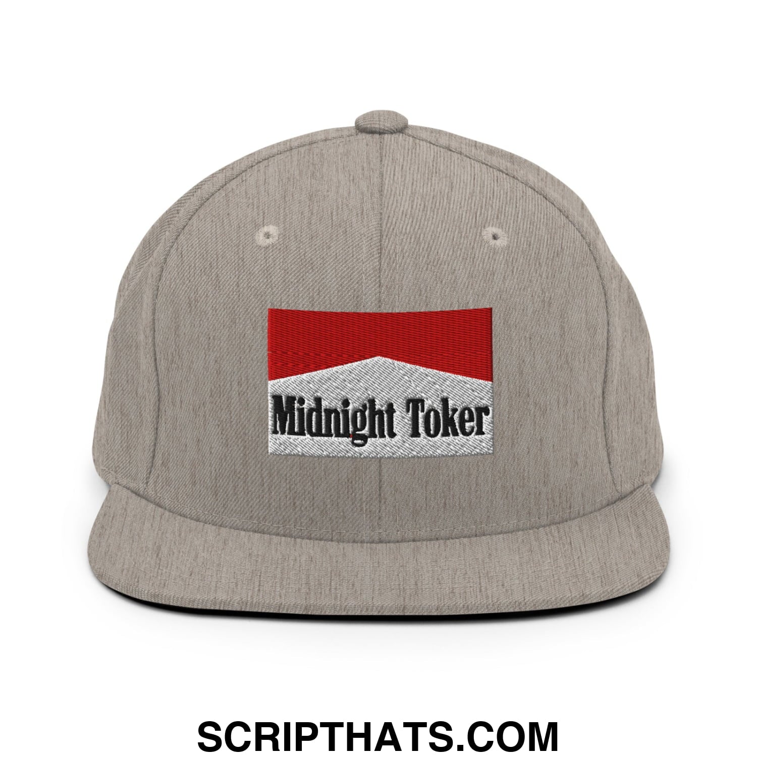 Midnight Toker Cigarette Red Embroidered Flat Bill Brim Snapback Hat Heather Grey