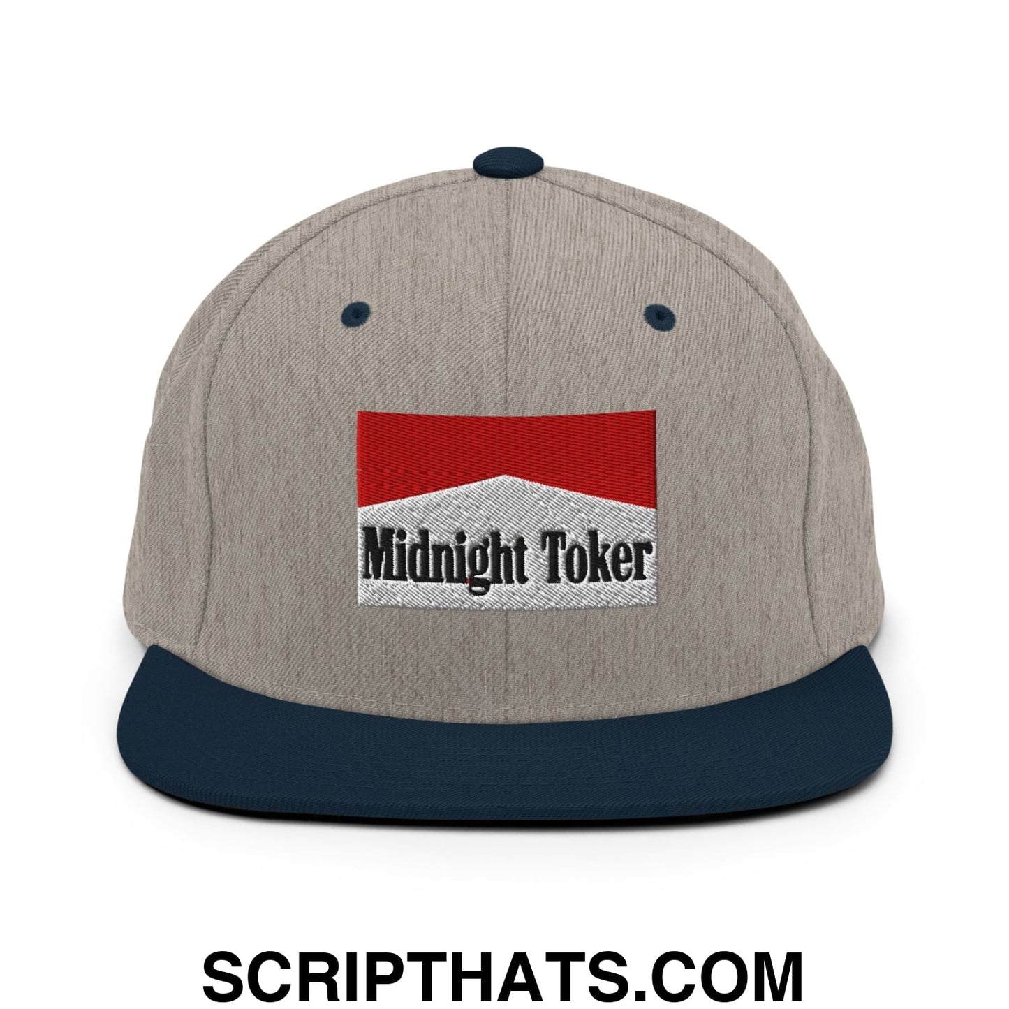 Midnight Toker Cigarette Red Embroidered Flat Bill Brim Snapback Hat Heather Grey Navy