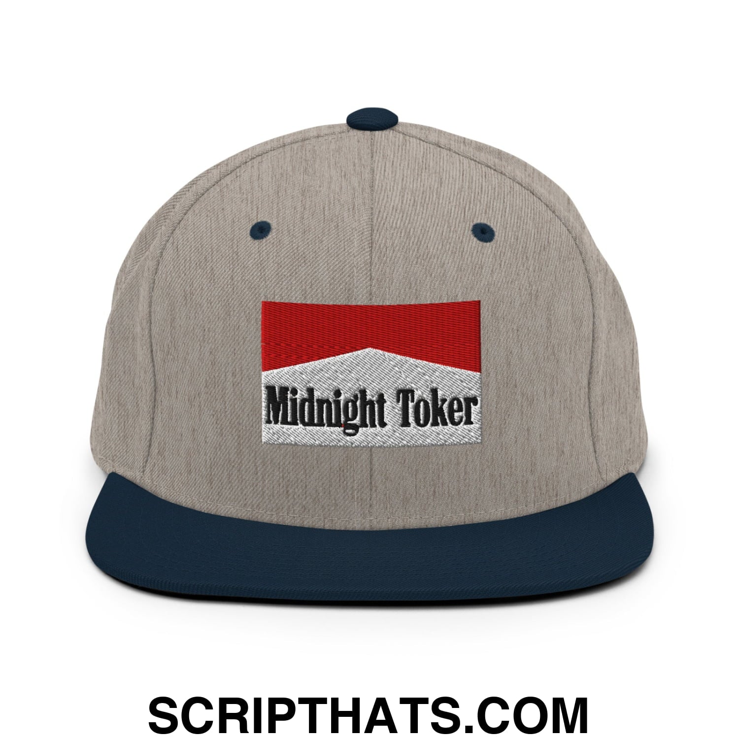 Midnight Toker Cigarette Red Embroidered Flat Bill Brim Snapback Hat Heather Grey Navy