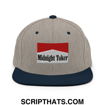 Midnight Toker Cigarette Red Embroidered Flat Bill Brim Snapback Hat Heather Grey Navy