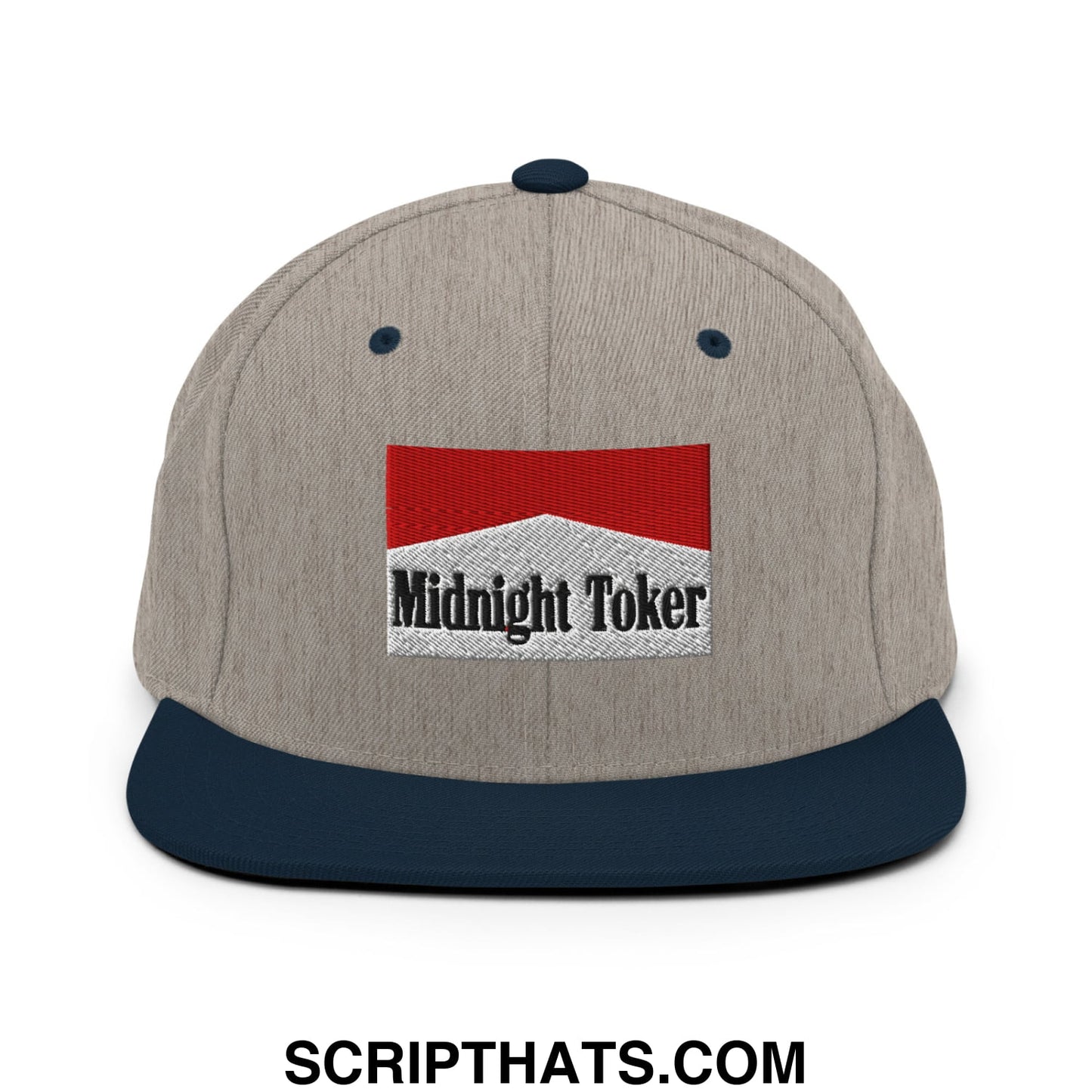 Midnight Toker Cigarette Red Embroidered Flat Bill Brim Snapback Hat Heather Grey Navy