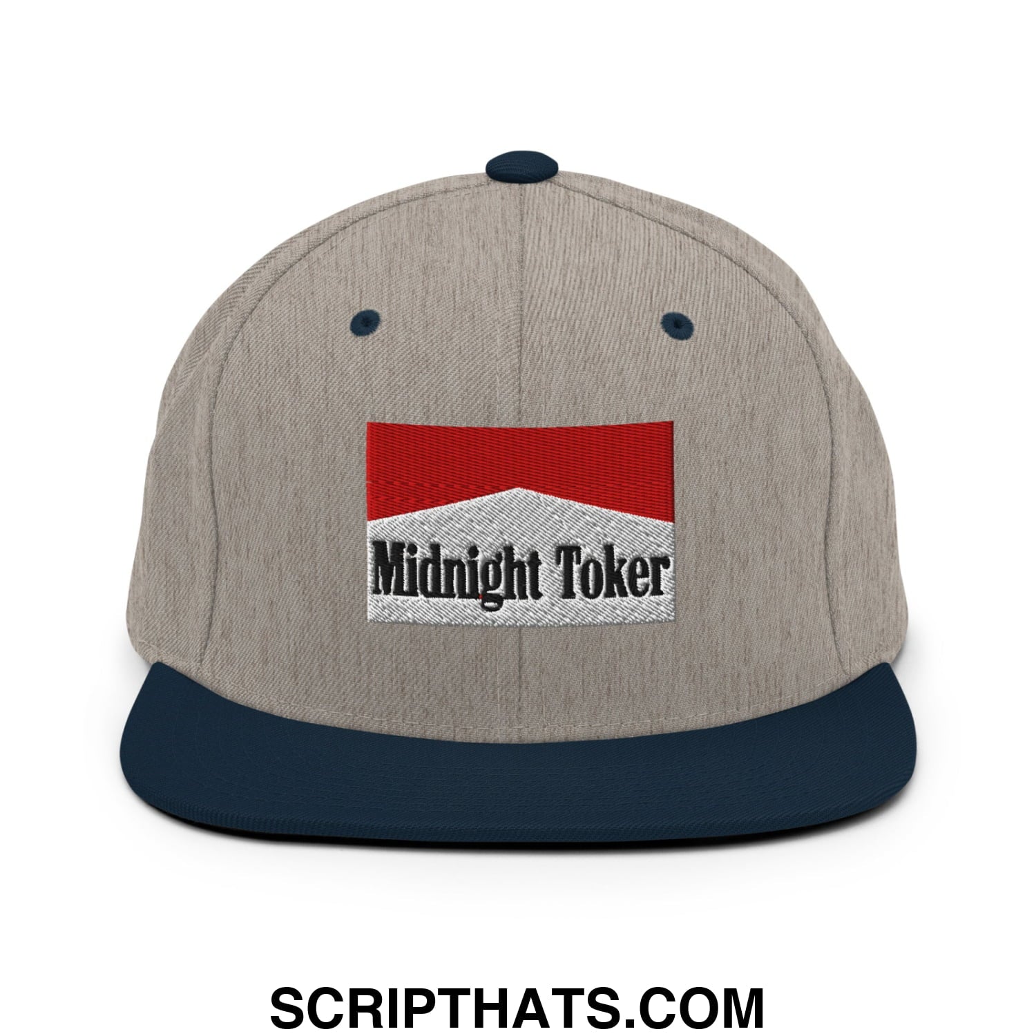 Midnight Toker Cigarette Red Embroidered Flat Bill Brim Snapback Hat Heather Grey Navy