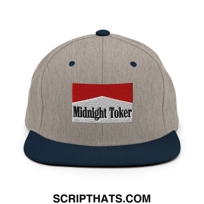 Midnight Toker Cigarette Red Embroidered Flat Bill Brim Snapback Hat Heather Grey Navy