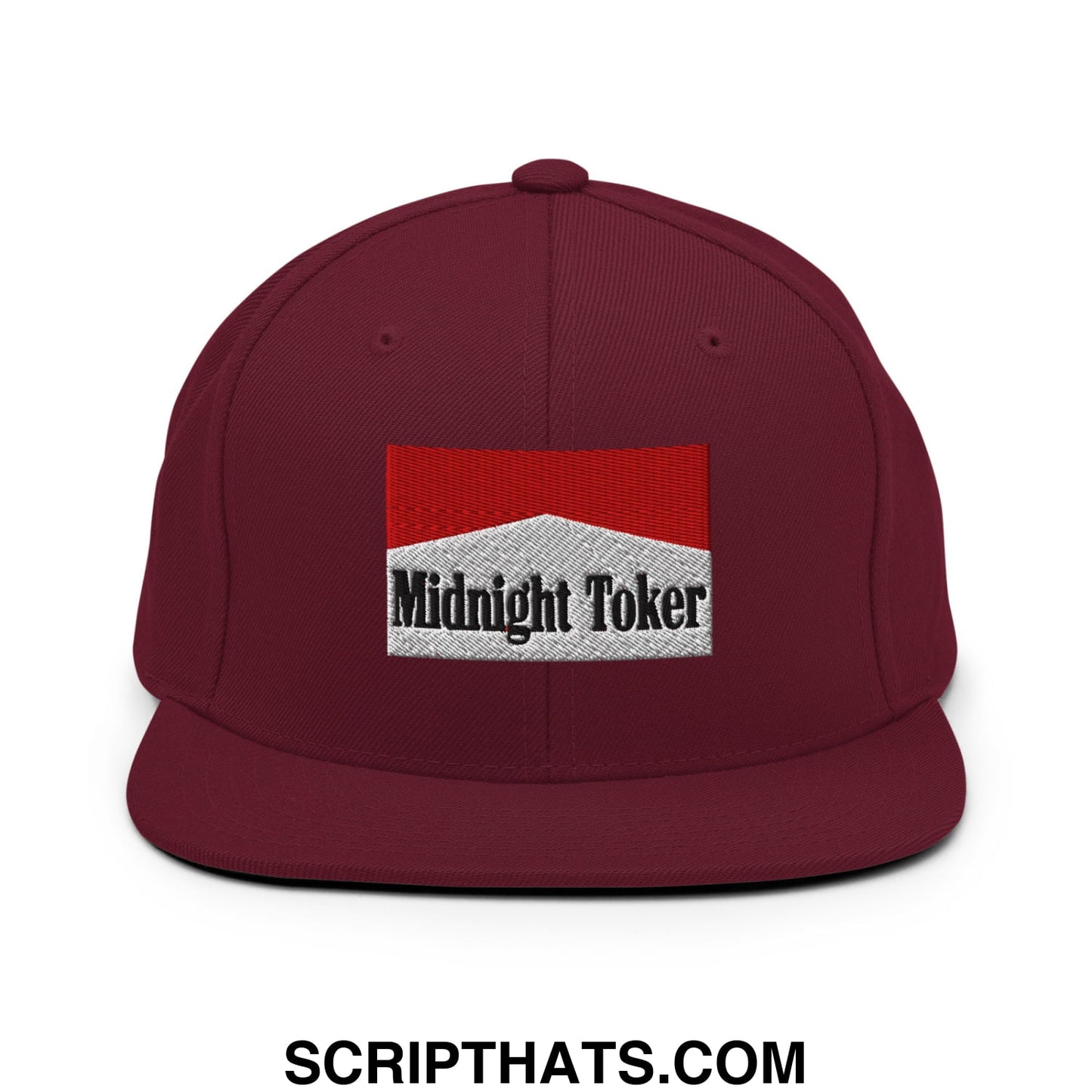 Midnight Toker Cigarette Red Embroidered Flat Bill Brim Snapback Hat Maroon