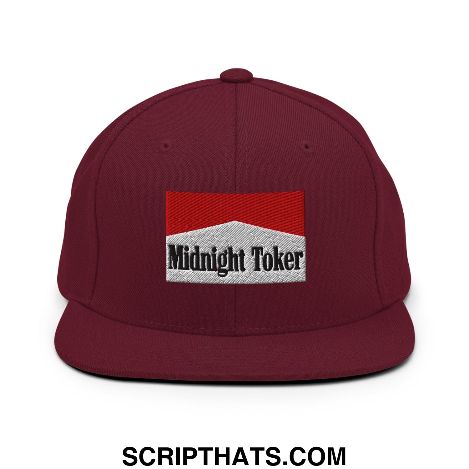 Midnight Toker Cigarette Red Embroidered Flat Bill Brim Snapback Hat Maroon