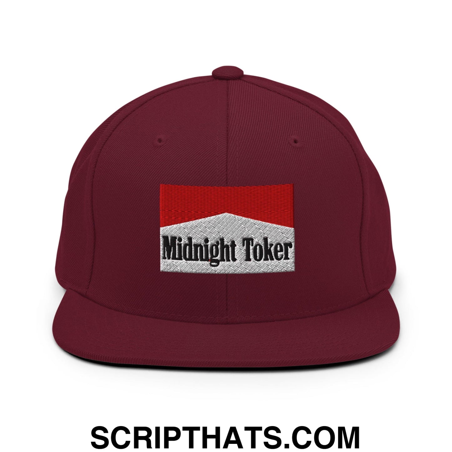 Midnight Toker Cigarette Red Embroidered Flat Bill Brim Snapback Hat Maroon