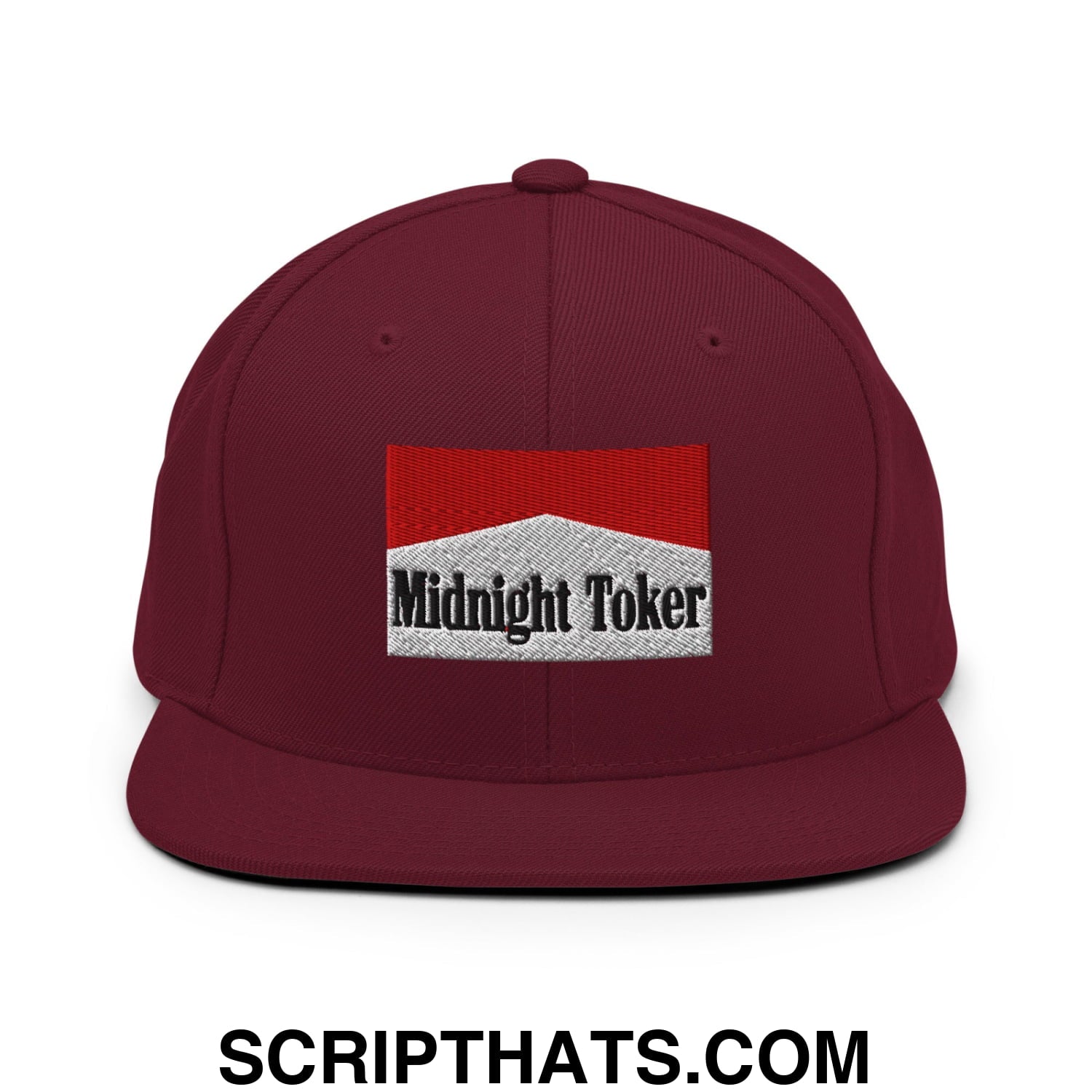 Midnight Toker Cigarette Red Embroidered Flat Bill Brim Snapback Hat Maroon