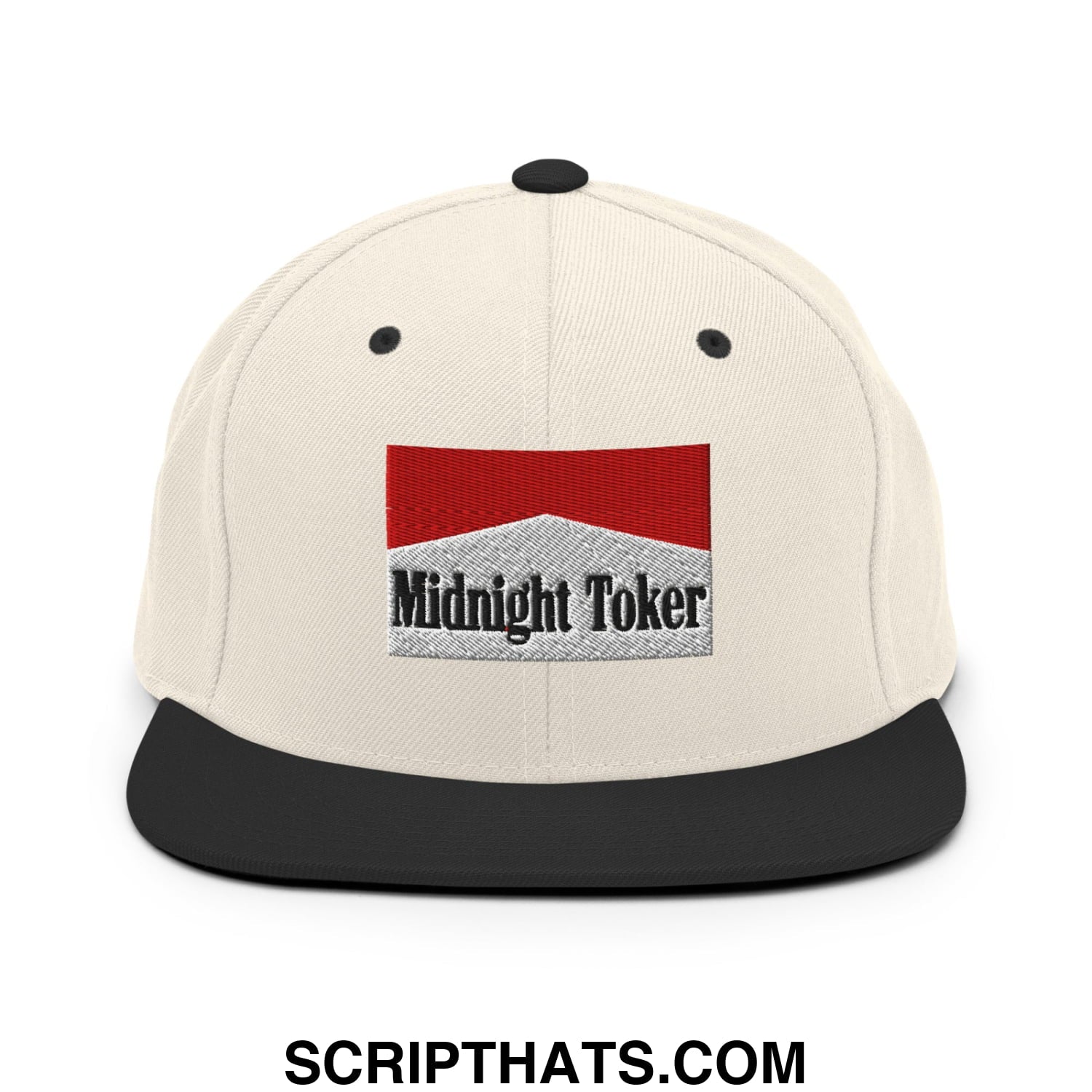 Midnight Toker Cigarette Red Embroidered Flat Bill Brim Snapback Hat Natural Black