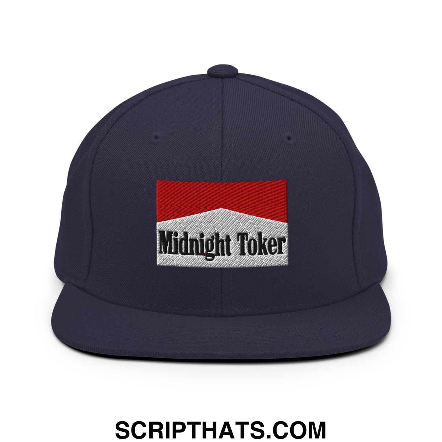Midnight Toker Cigarette Red Embroidered Flat Bill Brim Snapback Hat Navy