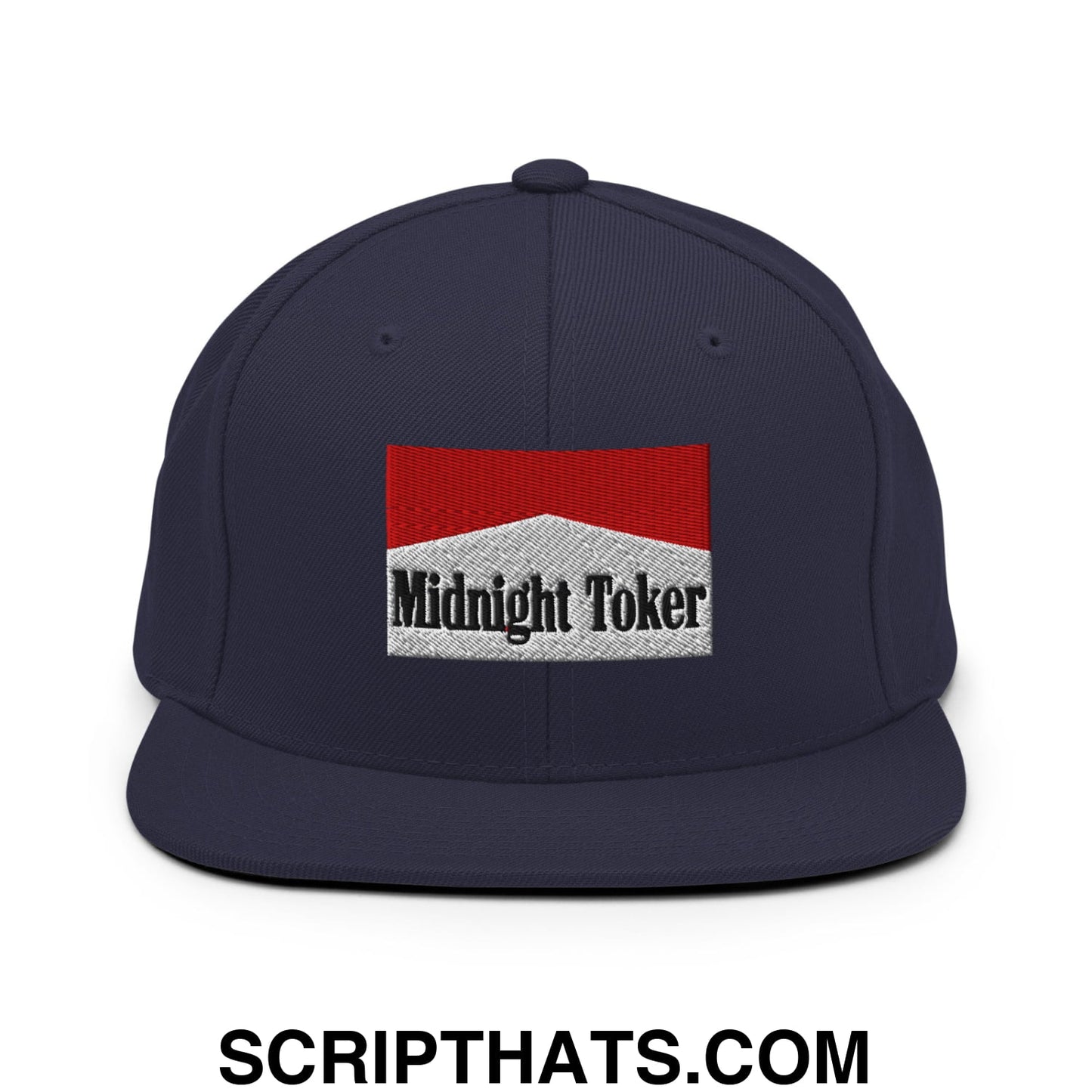 Midnight Toker Cigarette Red Embroidered Flat Bill Brim Snapback Hat Navy