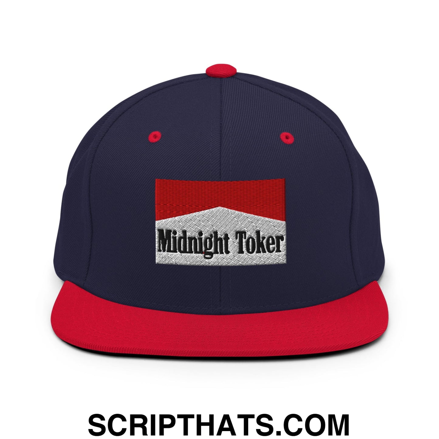 Midnight Toker Cigarette Red Embroidered Flat Bill Brim Snapback Hat Navy Red