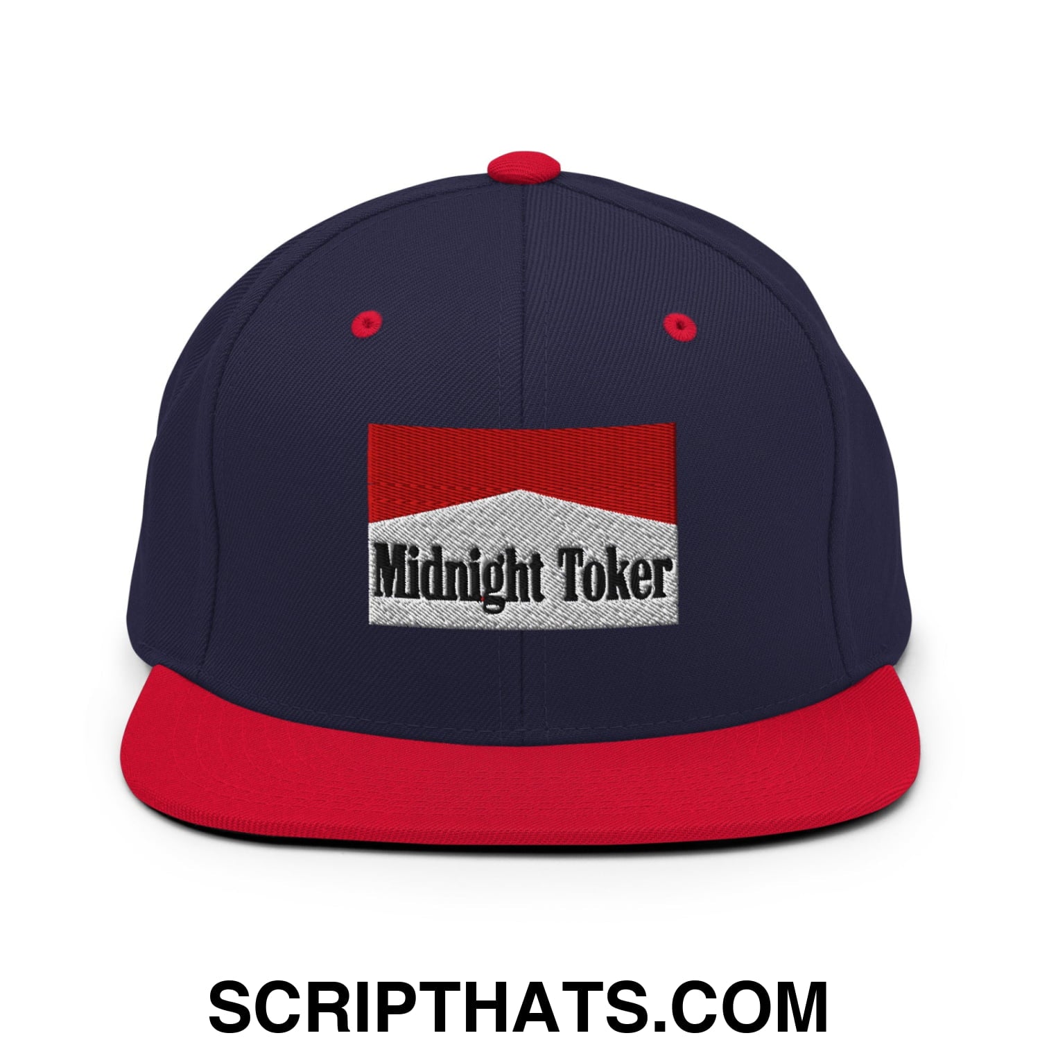 Midnight Toker Cigarette Red Embroidered Flat Bill Brim Snapback Hat Navy Red