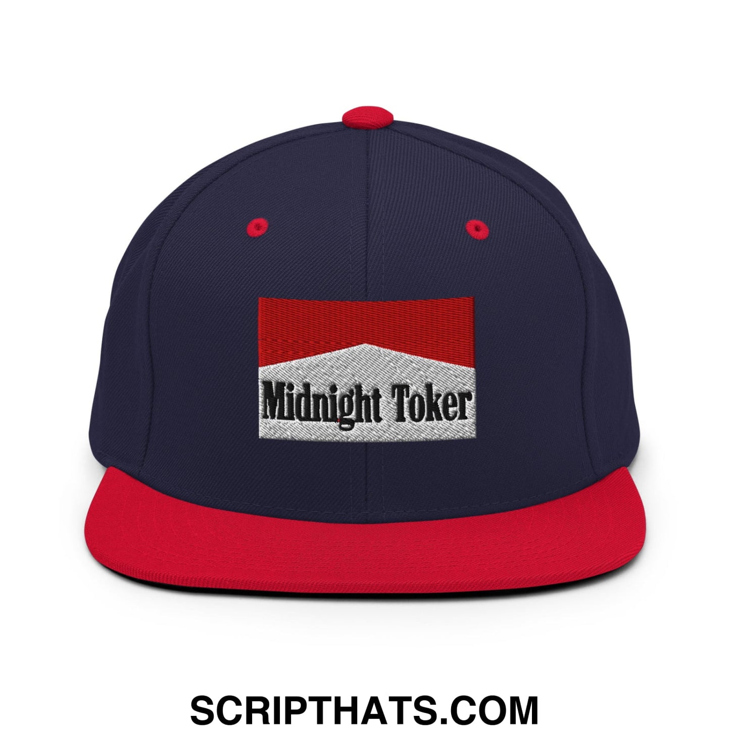 Midnight Toker Cigarette Red Embroidered Flat Bill Brim Snapback Hat Navy Red